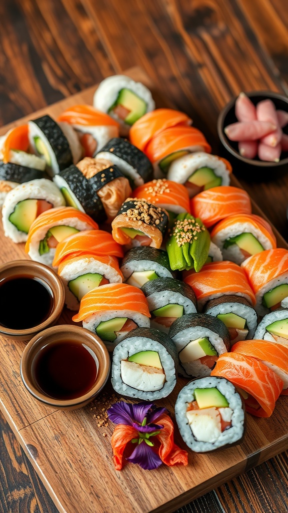 Irresistible Uramaki Sushi Rolls Recipe A platter of colorful uramaki sushi rolls with cucumber, avocado, and fish, served with soy sauce and garnished with sesame seeds.